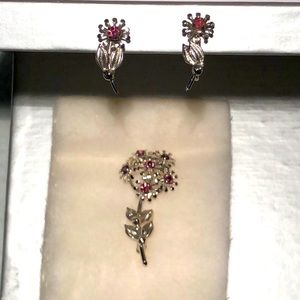 Vintage Floral Brooch and Screwback Earrings Red Prong Set Stones TK Sterling